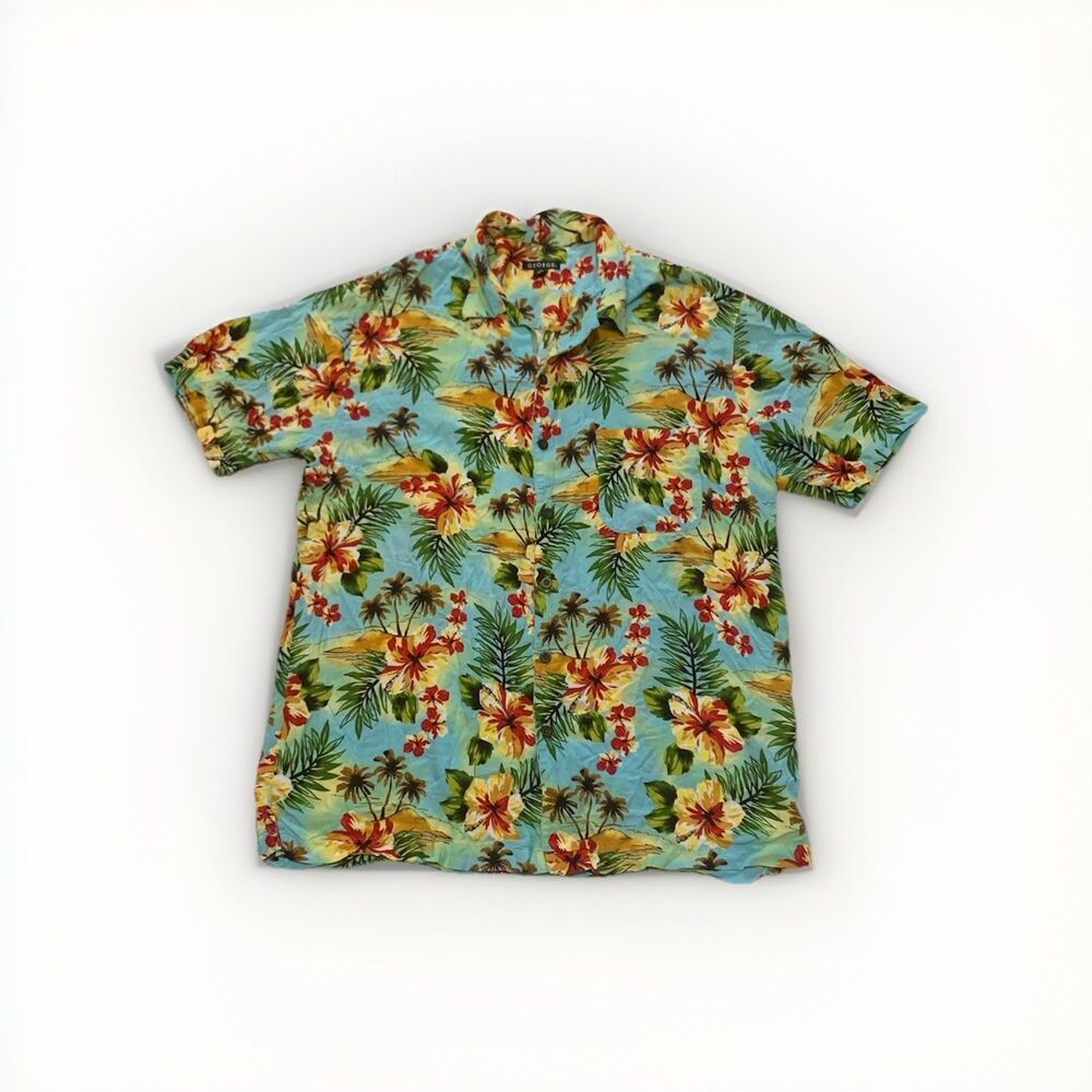 George Rayon Hawaiian Floral Camp Shirt Y2K Vintage Grunge Mens Large Surf Retro